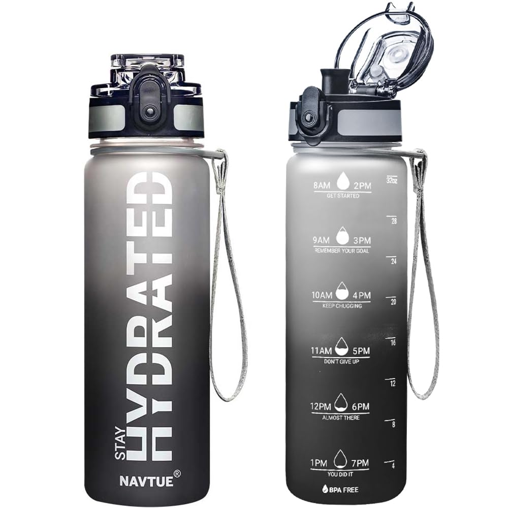 Water Bottle, 16.9 OZ Sports Water Bottles with Time Marker Wide Mouth, Motivational and Leakproof Drink Bottle, BPA Free Tritan with Carry Strap for Gym Fitness Outdoor(1 Bottle)