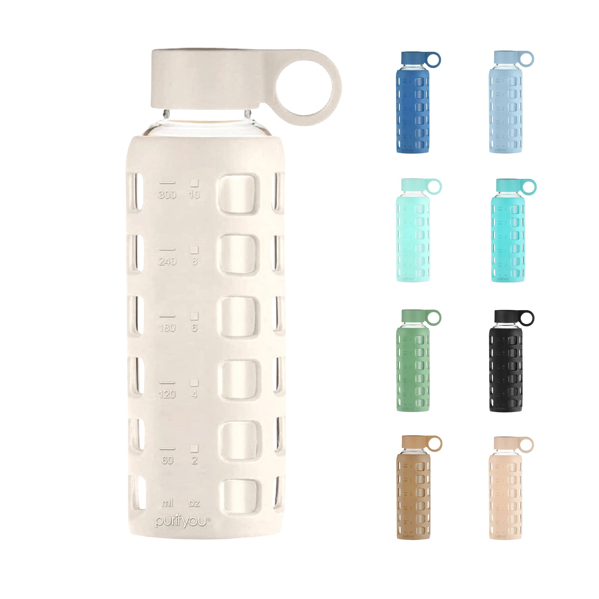 purifyou 40oz / 32oz / 22oz / 12oz Borosilicate Glass Water Bottle with Time & Volume Markers, Silicone Sleeve, Stainless Steel Lid | Reusable Glass Bottle for Water & Juice (32oz Jet Black)