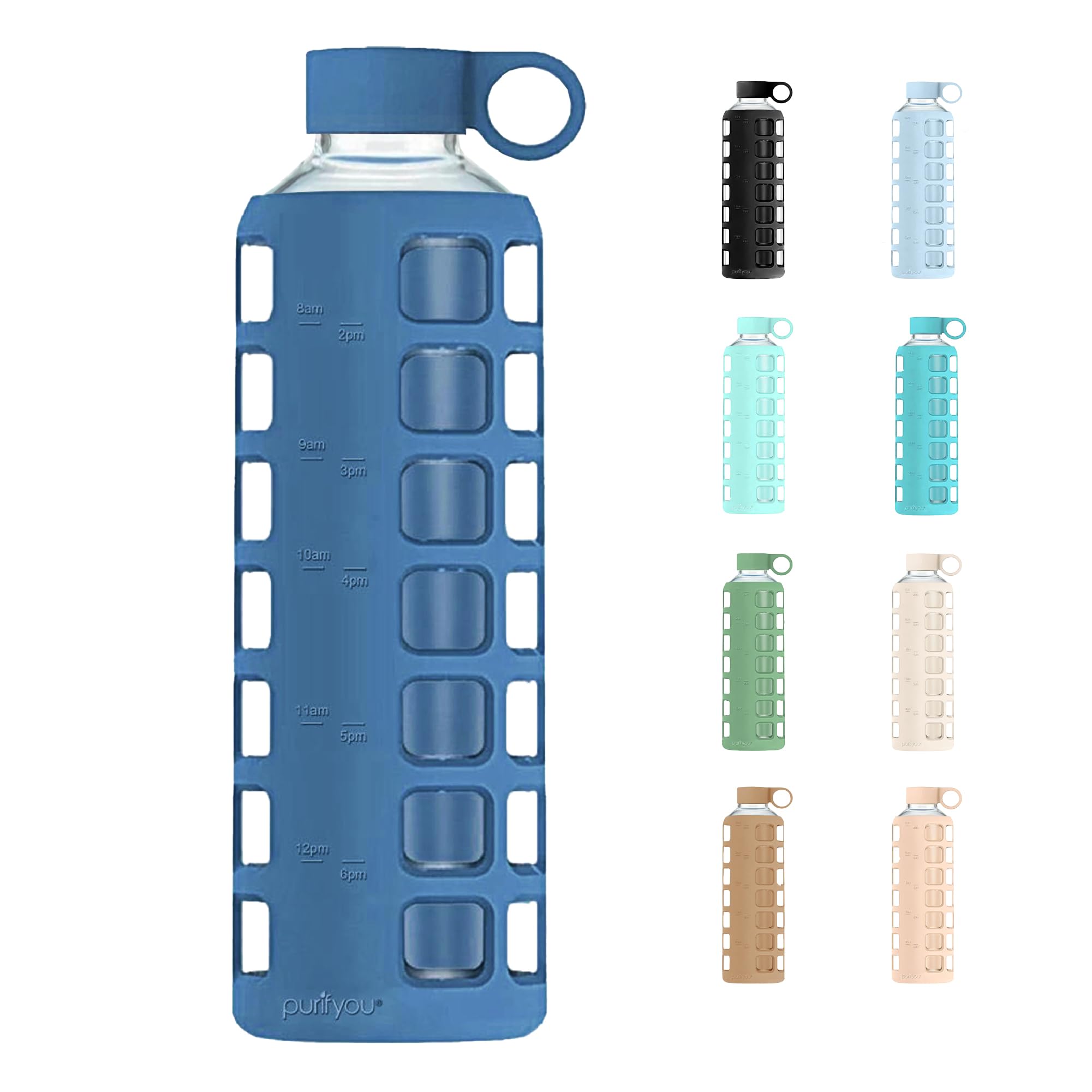 purifyou 40oz / 32oz / 22oz / 12oz Borosilicate Glass Water Bottle with Time & Volume Markers, Silicone Sleeve, Stainless Steel Lid | Reusable Glass Bottle for Water & Juice (32oz Jet Black)