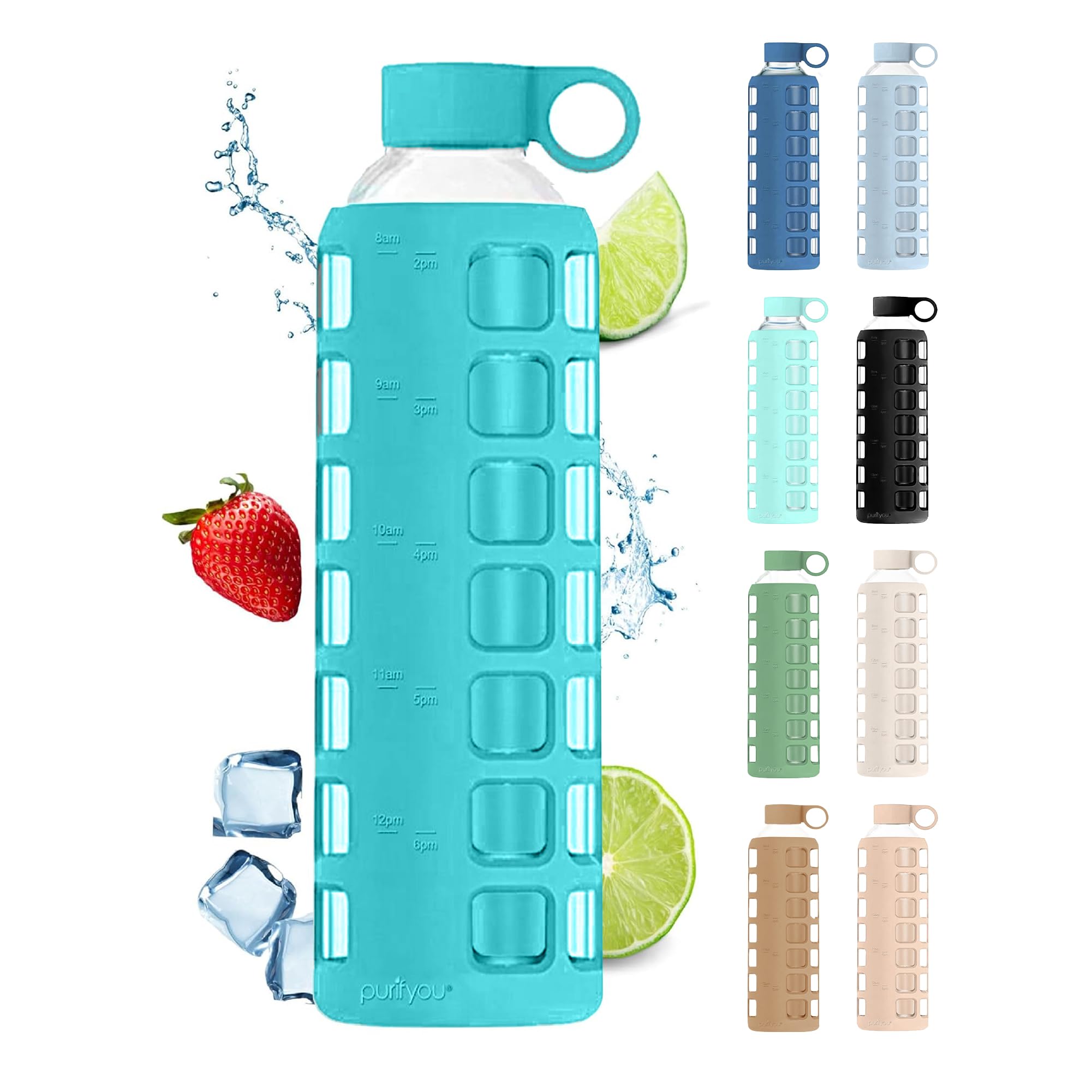 purifyou 40oz / 32oz / 22oz / 12oz Borosilicate Glass Water Bottle with Time & Volume Markers, Silicone Sleeve, Stainless Steel Lid | Reusable Glass Bottle for Water & Juice (32oz Jet Black)