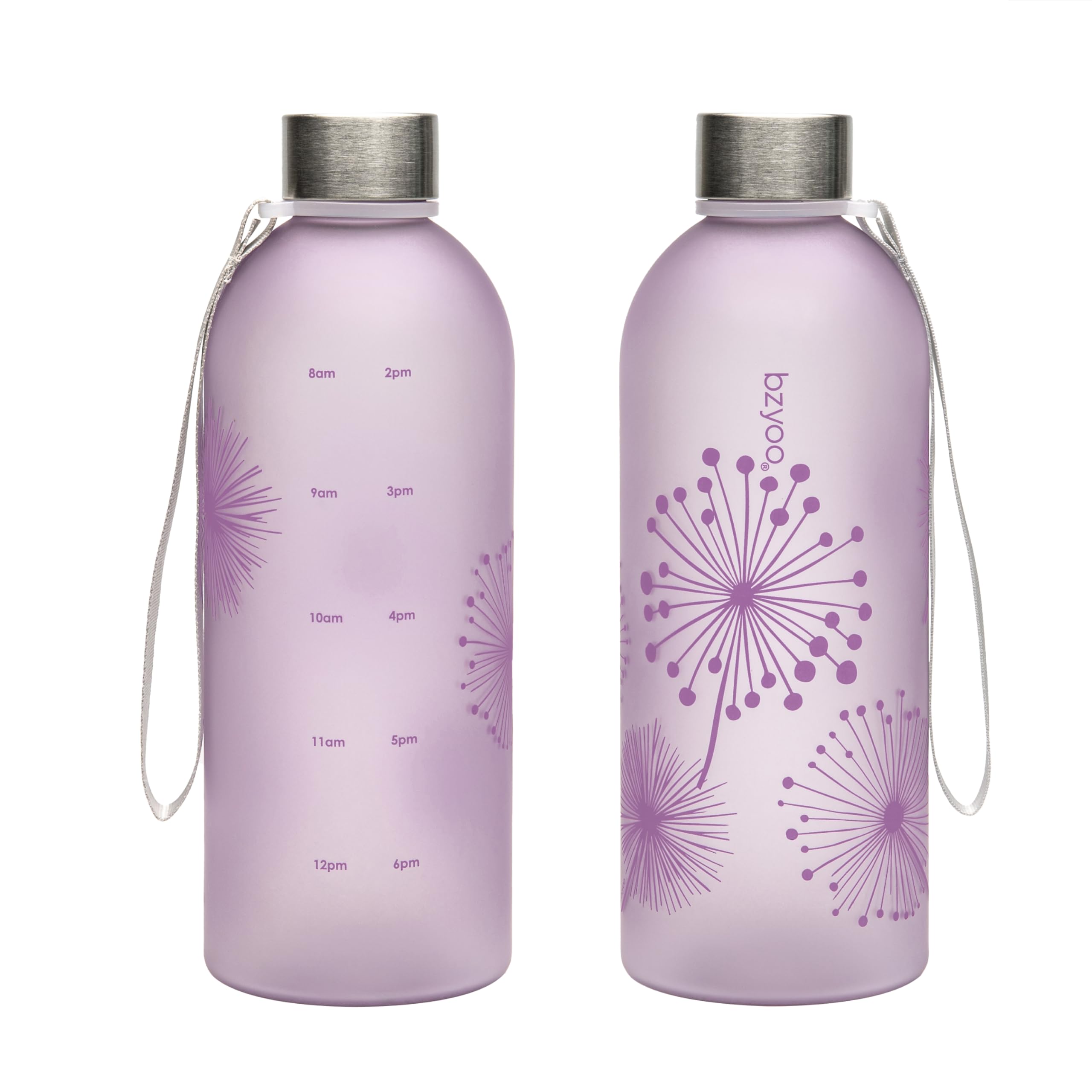 bzyoo 32 OZ 1 Liter Time Marker Water Bottle Frosted Durable Plastic With Strap - Reusable Clear Bottle With Times To Drink Time Markings For Daily Hydration Intake BPA Free (Silver)