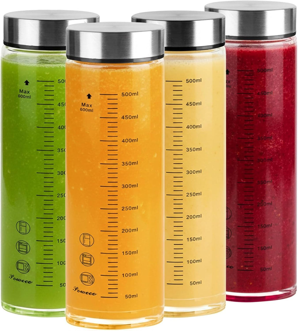 Glass Juice Bottles 4 Pack 20 oz - Wide Mouth Glass Water Bottles with Lids - for Juicing, Protein, Smoothie, Milk, Reusable, BPA Free, Stainless Steel Lids, Blender, Shaker Bottle (600ml)