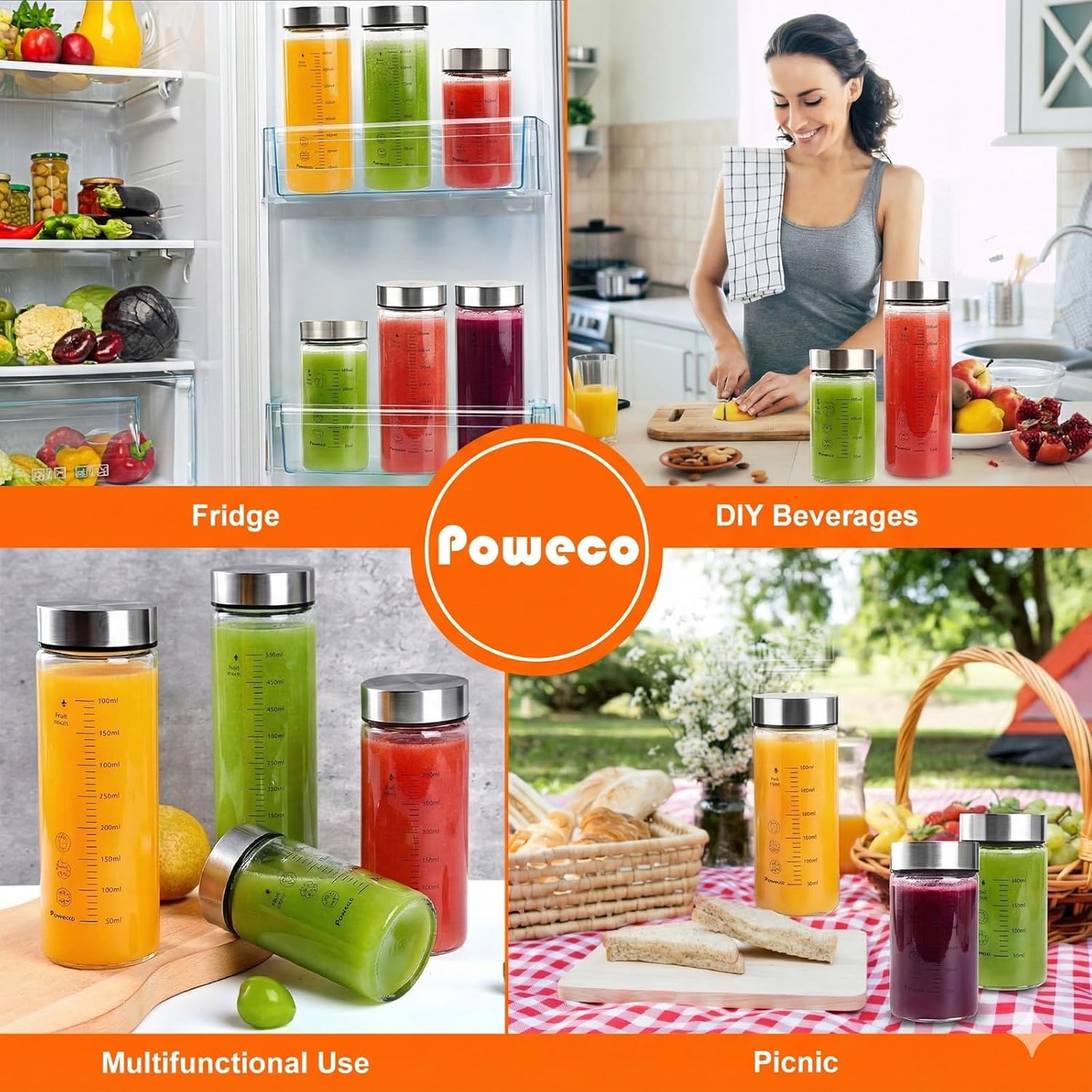 Glass Juice Bottles 4 Pack 20 oz - Wide Mouth Glass Water Bottles with Lids - for Juicing, Protein, Smoothie, Milk, Reusable, BPA Free, Stainless Steel Lids, Blender, Shaker Bottle (600ml)